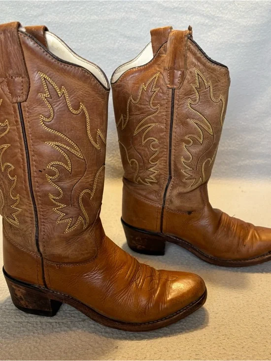 Old West Kids 11.5-D Tan Leather Cowboy Boots with Embroidered Shaft CF8229 - Picture 2 of 10